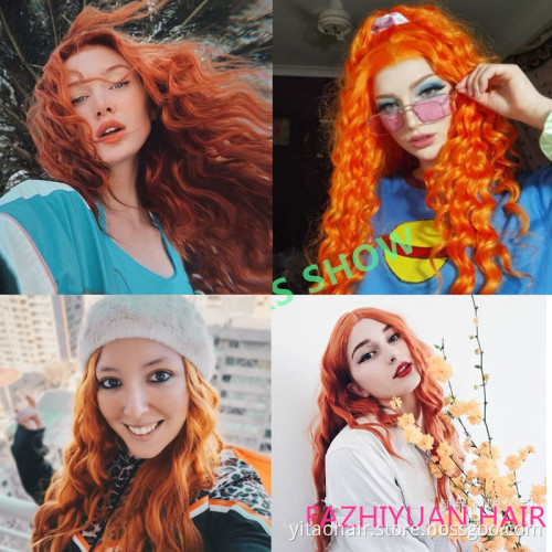 Wholesale price Ginger orange Long wave Synthetic Hair lace Wigs With Colorful  Pre-Plucked Big Factory Stock